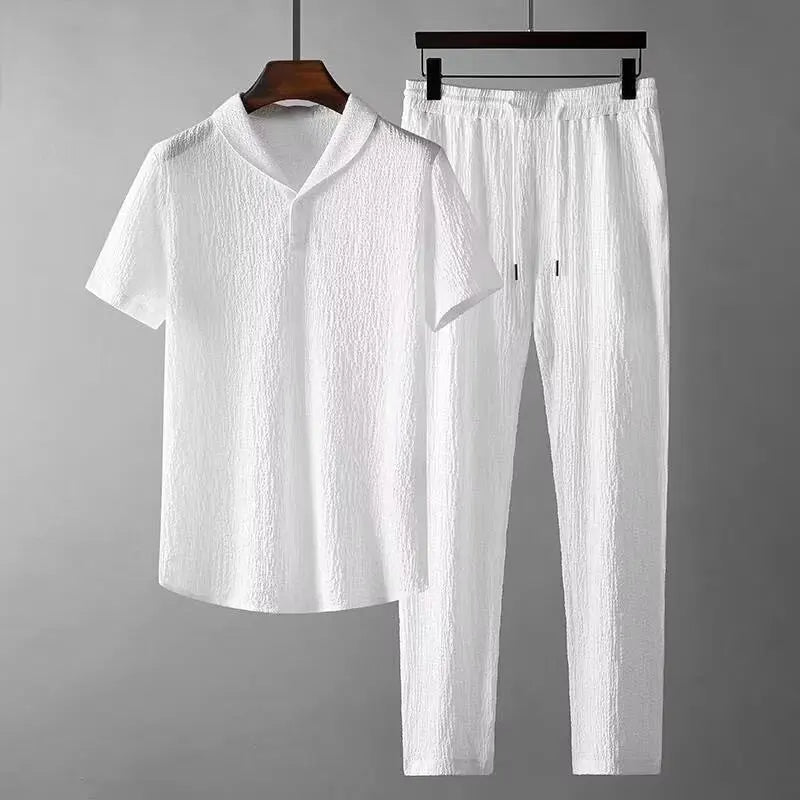Terno esportivo fino masculino, camiseta monocromática e calça comprida, conjunto basculador masculino, streetwear casual, moda verão