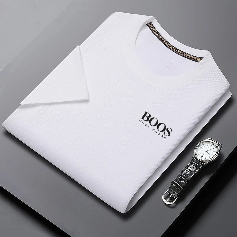 Camiseta masculina nova bordada verão em torno do pescoço manga curta camiseta masculina manga curta topo harajuku roupas masculinas