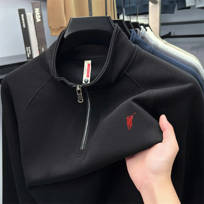 Camiseta masculina de manga comprida com meio zíper, outono plus size, meia-idade e jovem, gola polo com logotipo de pônei bordado