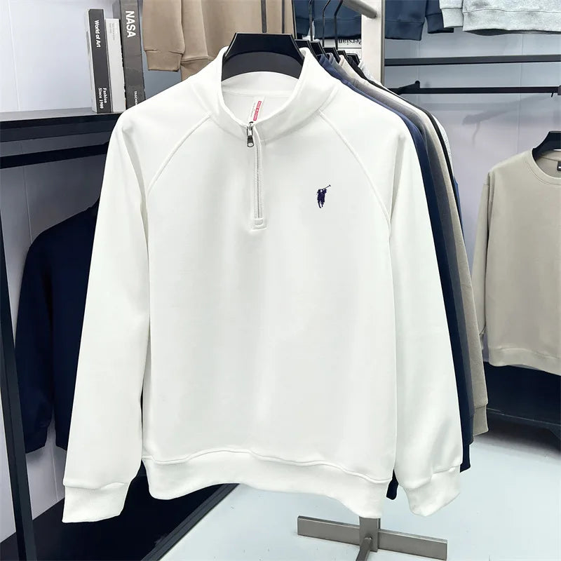 Camiseta masculina de manga comprida com meio zíper, outono plus size, meia-idade e jovem, gola polo com logotipo de pônei bordado