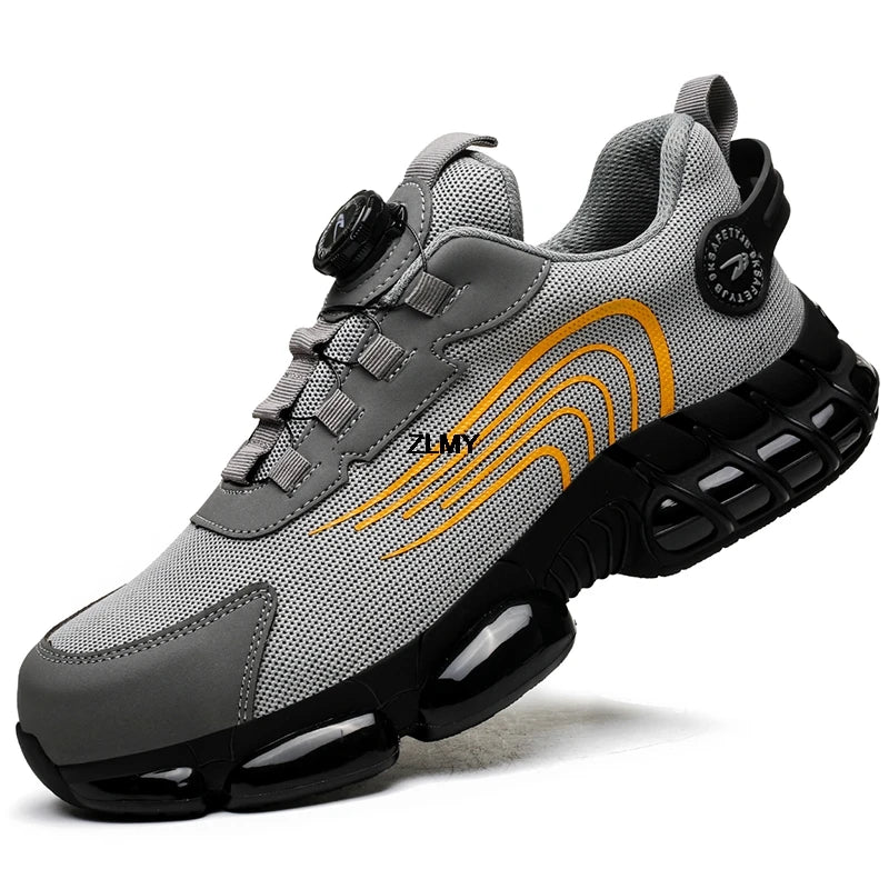 Botão rotativo sapatos de segurança homens tênis de dedo do pé de aço à prova de punctura botas de segurança de trabalho almofada de ar esporte sapatos de trabalho botas anti-esmagamento