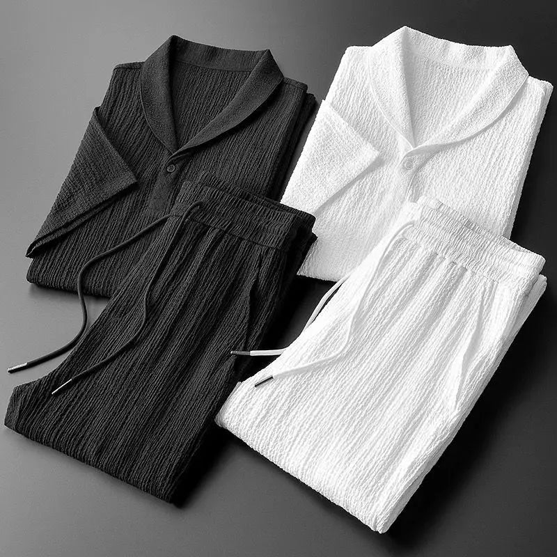 Terno esportivo fino masculino, camiseta monocromática e calça comprida, conjunto basculador masculino, streetwear casual, moda verão