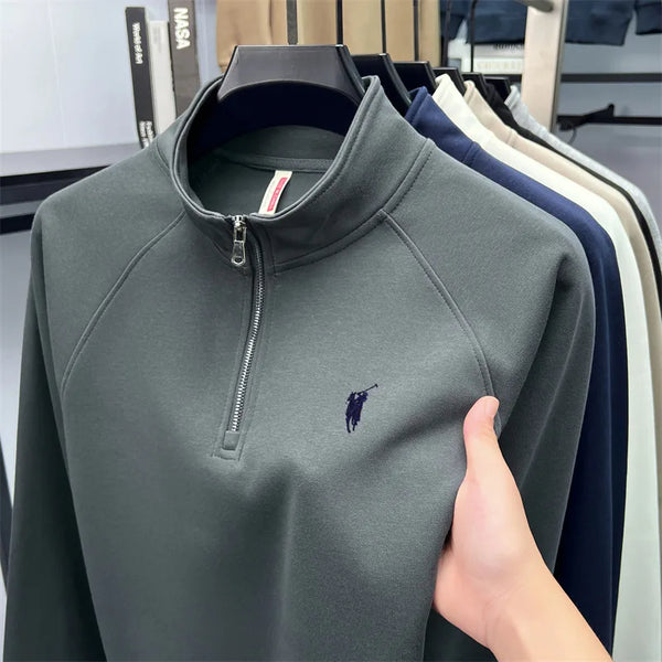 Camiseta masculina de manga comprida com meio zíper, outono plus size, meia-idade e jovem, gola polo com logotipo de pônei bordado