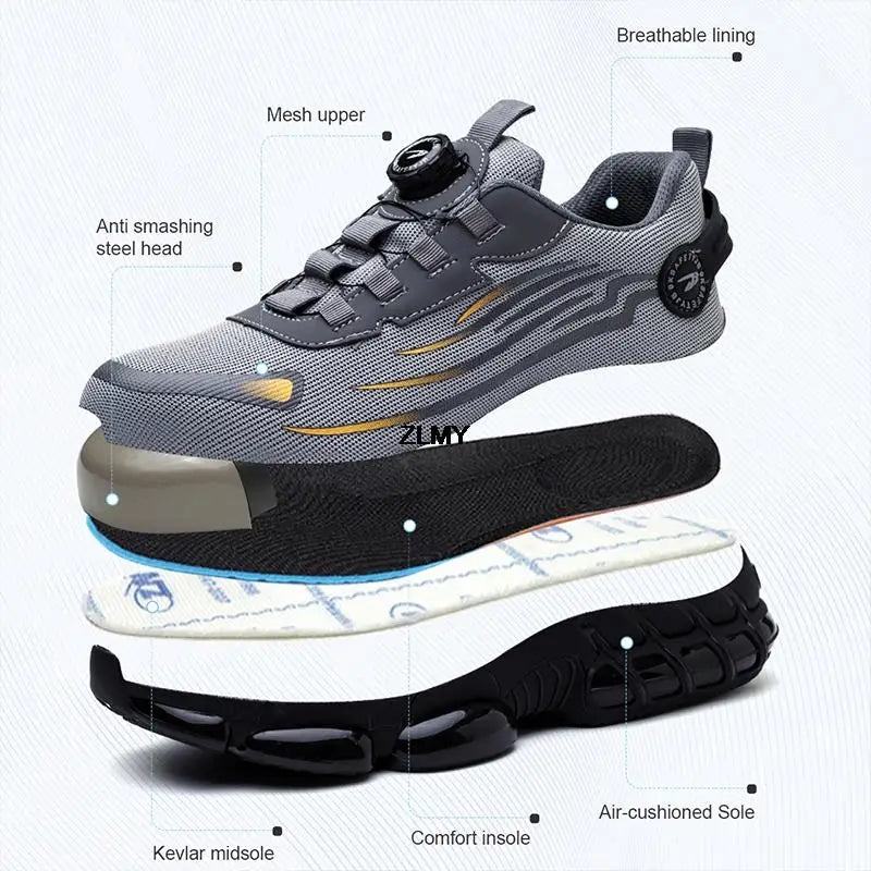 Botão rotativo sapatos de segurança homens tênis de dedo do pé de aço à prova de punctura botas de segurança de trabalho almofada de ar esporte sapatos de trabalho botas anti-esmagamento