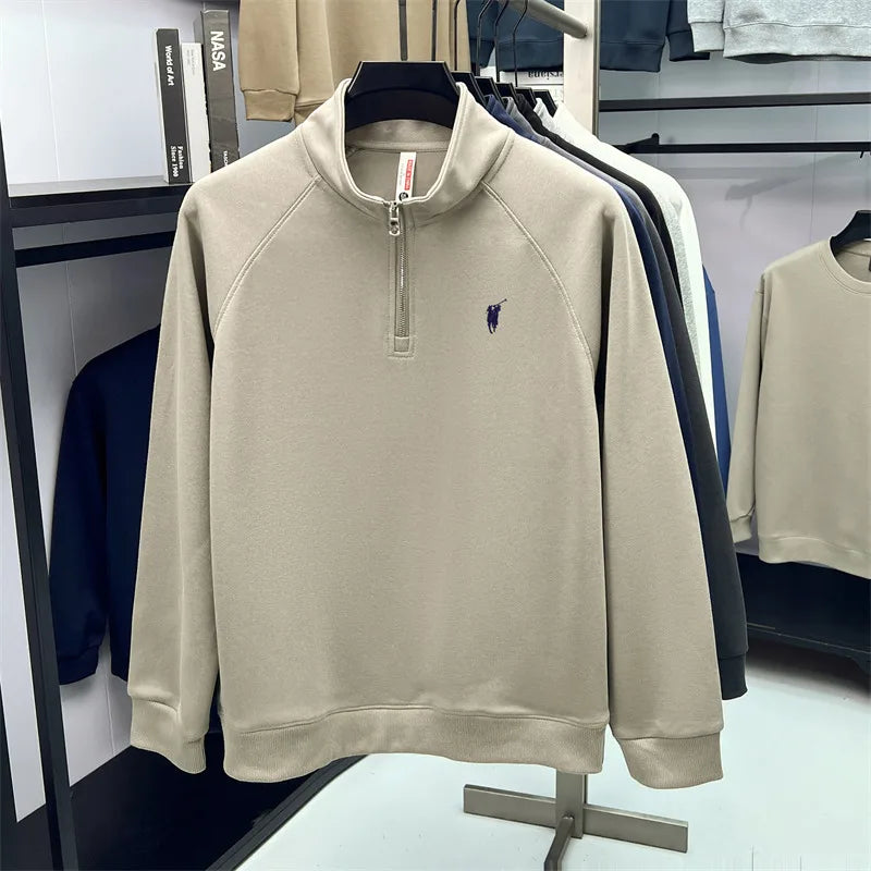 Camiseta masculina de manga comprida com meio zíper, outono plus size, meia-idade e jovem, gola polo com logotipo de pônei bordado