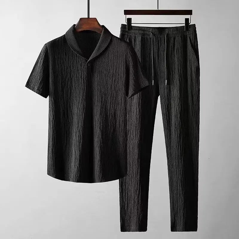 Terno esportivo fino masculino, camiseta monocromática e calça comprida, conjunto basculador masculino, streetwear casual, moda verão