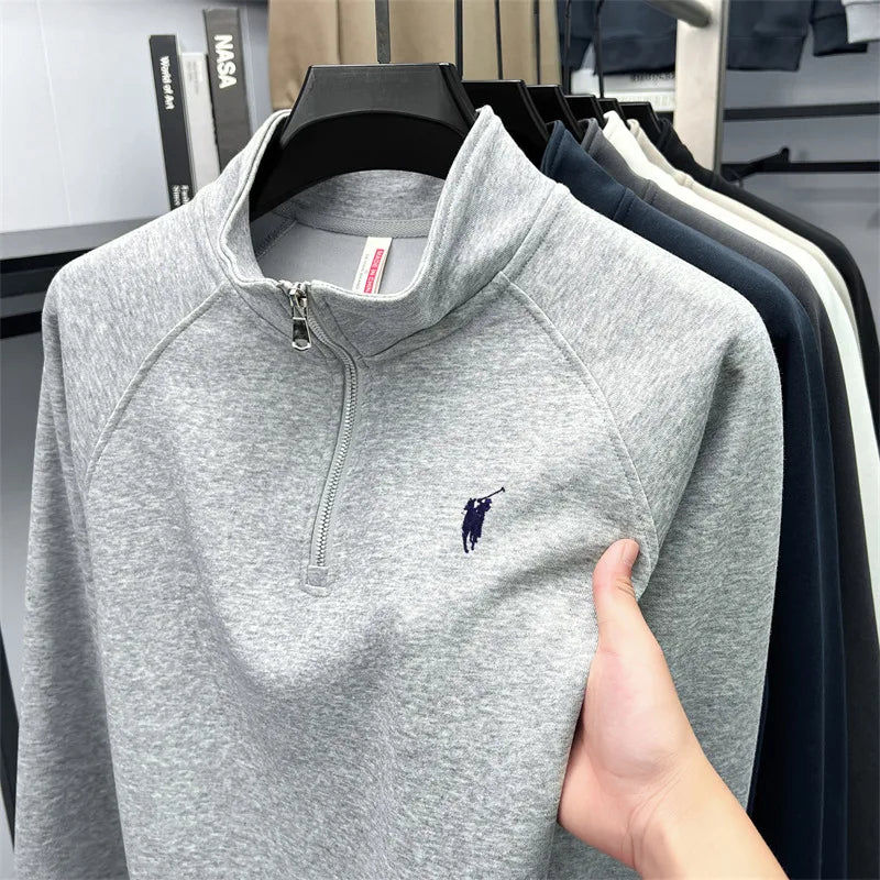 Camiseta masculina de manga comprida com meio zíper, outono plus size, meia-idade e jovem, gola polo com logotipo de pônei bordado