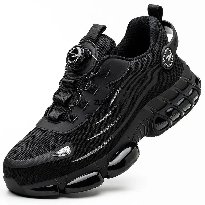 Botão rotativo sapatos de segurança homens tênis de dedo do pé de aço à prova de punctura botas de segurança de trabalho almofada de ar esporte sapatos de trabalho botas anti-esmagamento