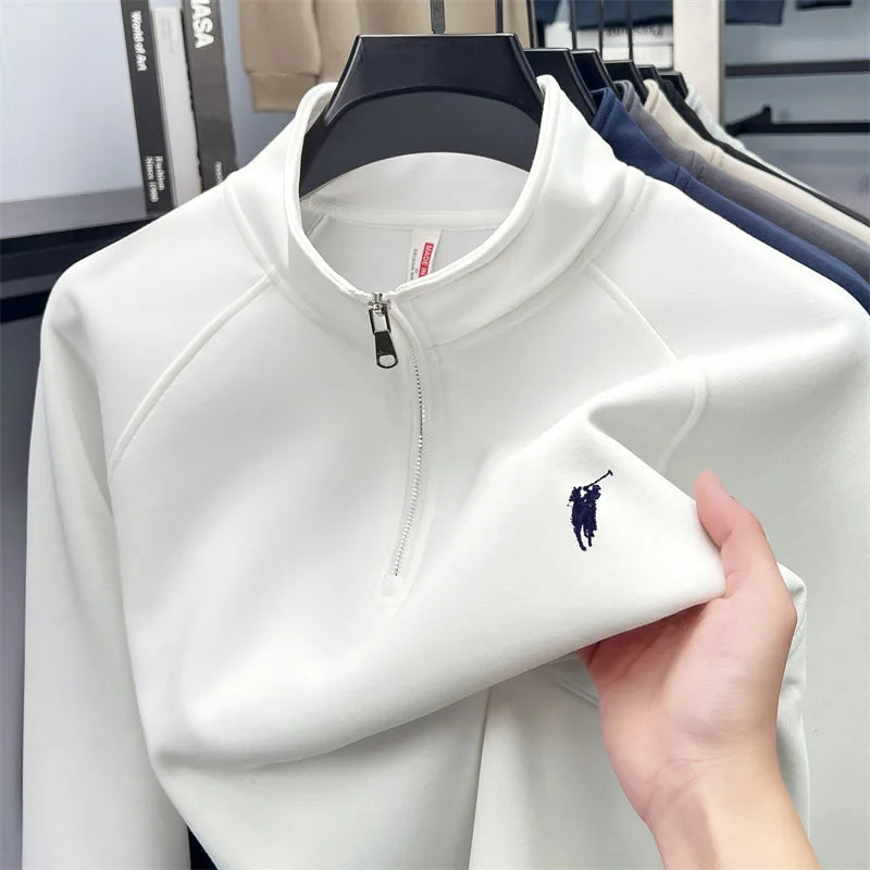 Camiseta masculina de manga comprida com meio zíper, outono plus size, meia-idade e jovem, gola polo com logotipo de pônei bordado