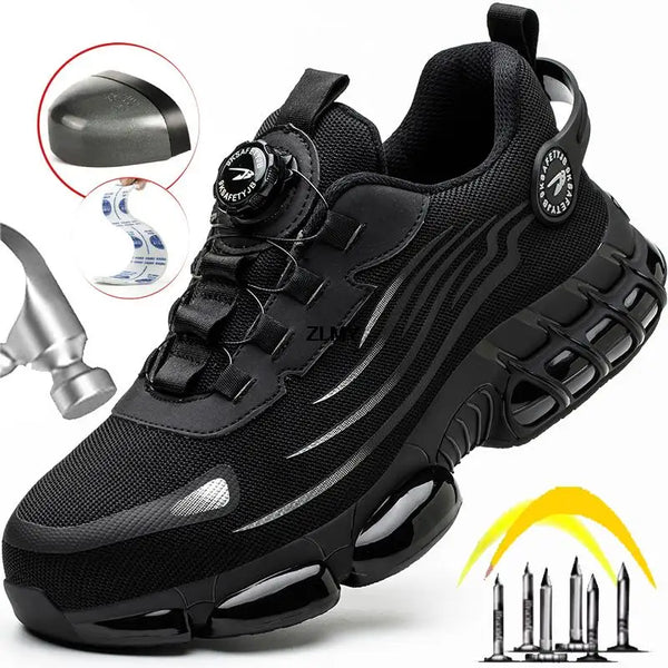 Botão rotativo sapatos de segurança homens tênis de dedo do pé de aço à prova de punctura botas de segurança de trabalho almofada de ar esporte sapatos de trabalho botas anti-esmagamento