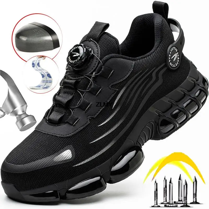 Botão rotativo sapatos de segurança homens tênis de dedo do pé de aço à prova de punctura botas de segurança de trabalho almofada de ar esporte sapatos de trabalho botas anti-esmagamento