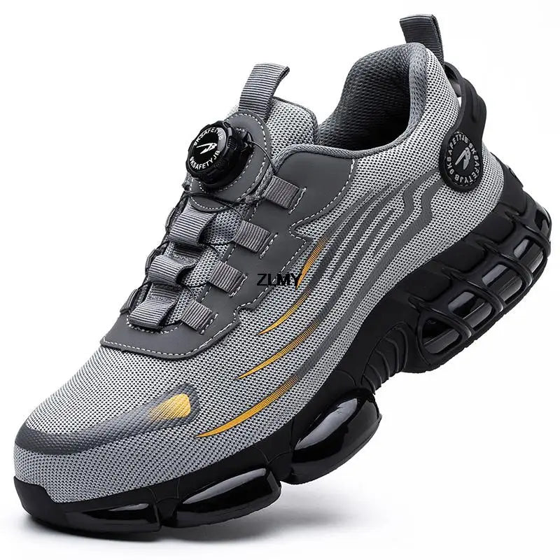 Botão rotativo sapatos de segurança homens tênis de dedo do pé de aço à prova de punctura botas de segurança de trabalho almofada de ar esporte sapatos de trabalho botas anti-esmagamento