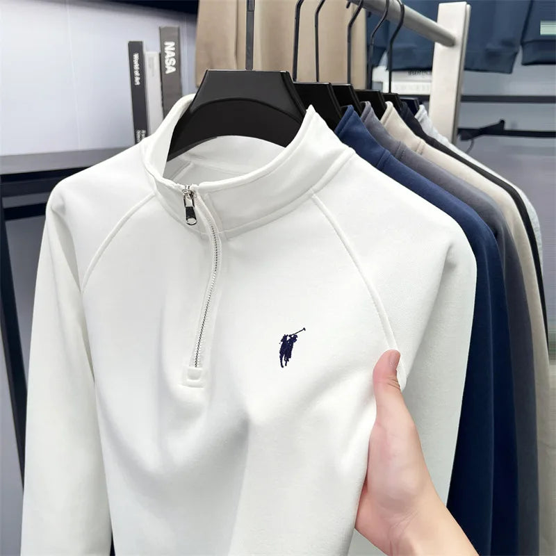 Camiseta masculina de manga comprida com meio zíper, outono plus size, meia-idade e jovem, gola polo com logotipo de pônei bordado