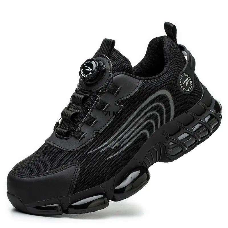 Botão rotativo sapatos de segurança homens tênis de dedo do pé de aço à prova de punctura botas de segurança de trabalho almofada de ar esporte sapatos de trabalho botas anti-esmagamento