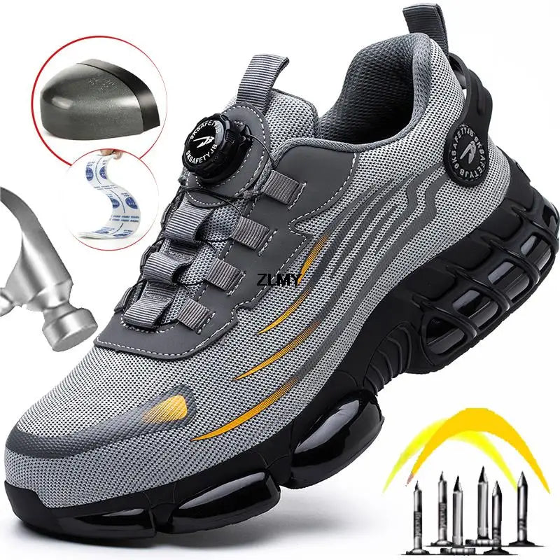 Botão rotativo sapatos de segurança homens tênis de dedo do pé de aço à prova de punctura botas de segurança de trabalho almofada de ar esporte sapatos de trabalho botas anti-esmagamento