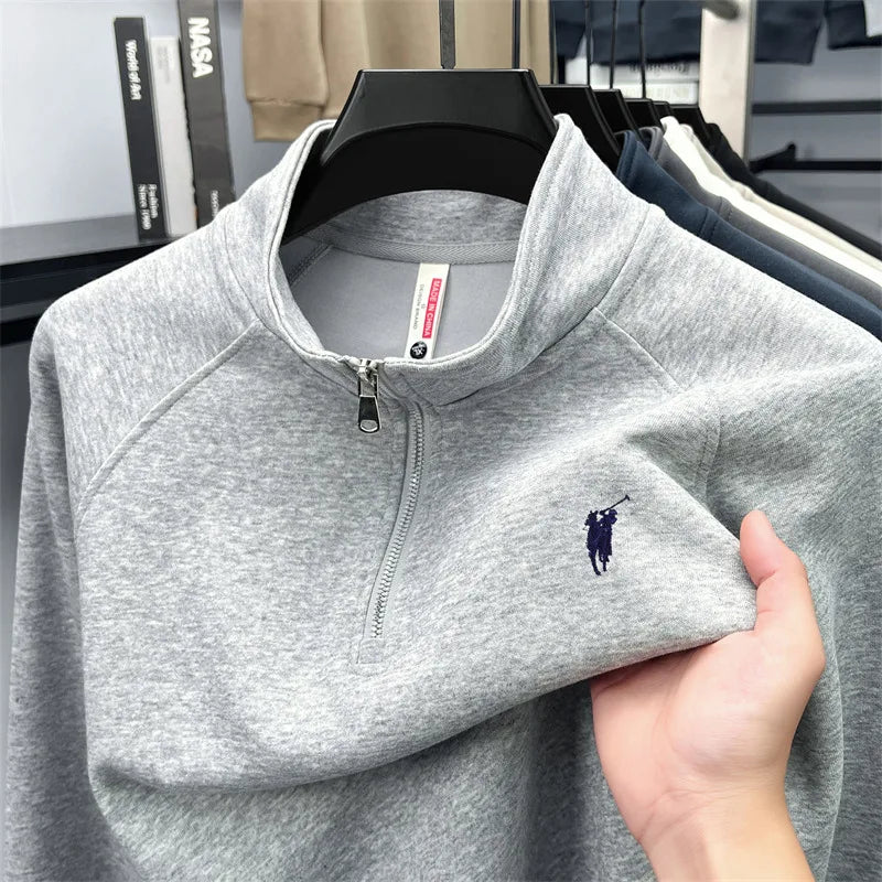 Camiseta masculina de manga comprida com meio zíper, outono plus size, meia-idade e jovem, gola polo com logotipo de pônei bordado